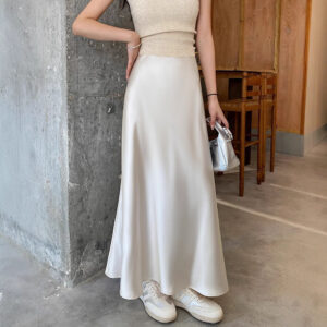 White Acetate Satin Midi Skirt